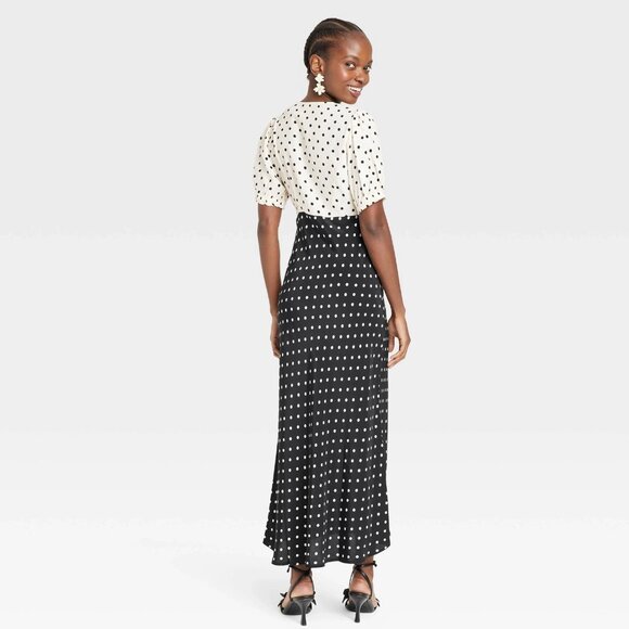 Small - Womens Crepe Puff Short Sleeve Midi Dress - A New Day - Polka Dots - Picture 9 of 9